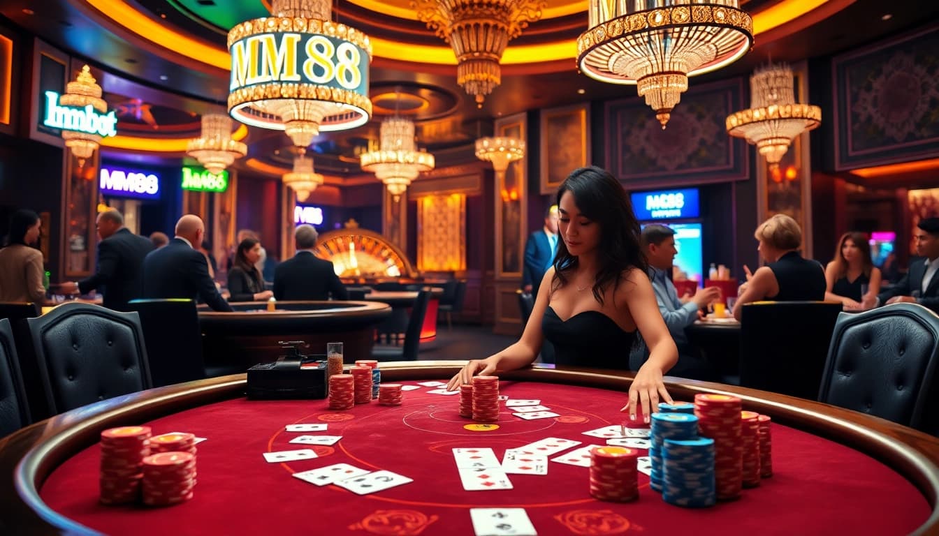MM88 poker game setup with vibrant chips, cards, and roulette wheel, immersing players in high-stakes excitement.
