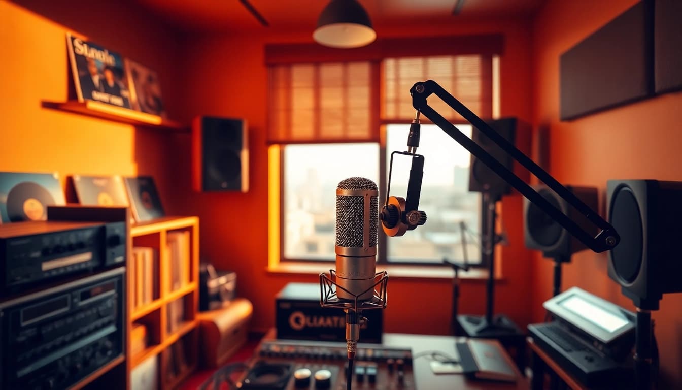 Engaging radio studio scene showcasing the essence of https://chadronradio.com/ with vintage microphone and equipment.
