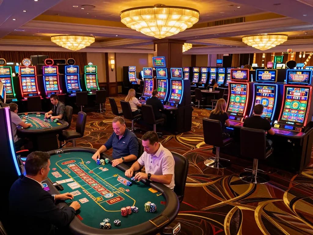 Thabet players enjoying vibrant games at a luxurious casino floor filled with slot machines.