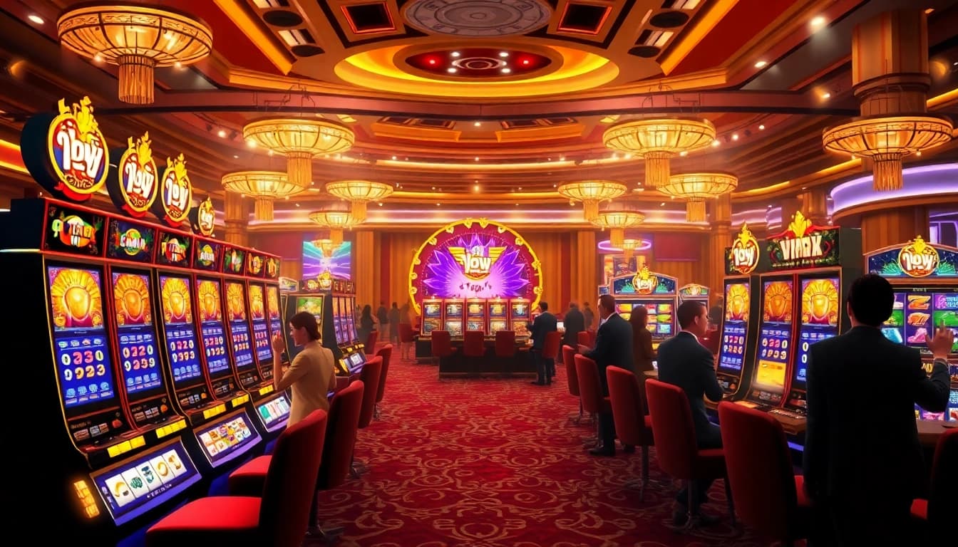 Exciting Vmax nổ hũ slot game visual with vibrant slot machines and dazzling casino lights.