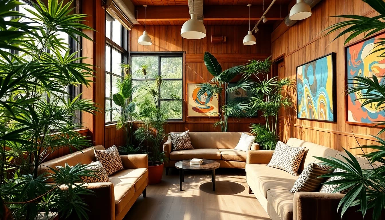 Visitez le Weed Club Madrid, un espace accueillant avec une ambiance relaxante et des plantes verdoyantes.