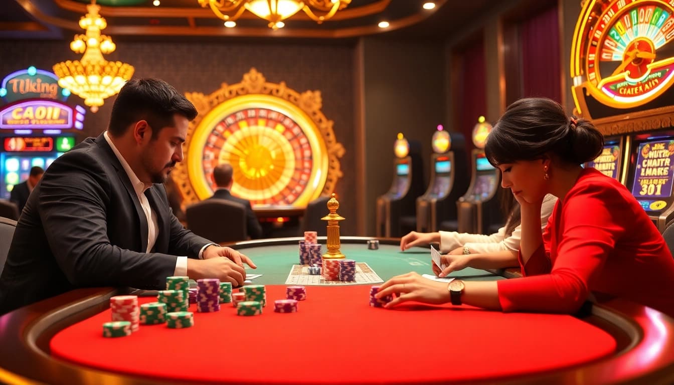 Joueurs engagés à une table de poker luxueuse, vivant l'excitation du casino en ligne.