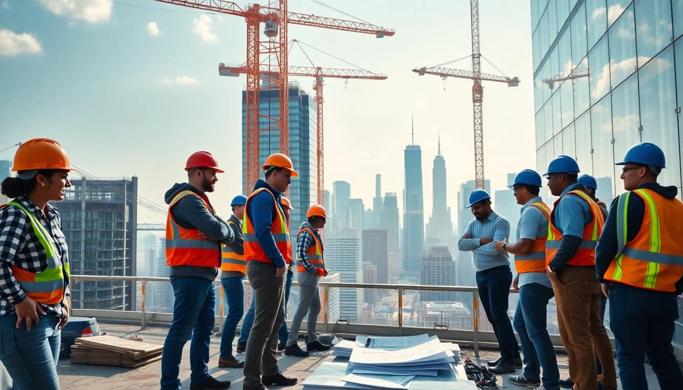 New York City Commercial General Contractor overseeing a dynamic construction site with skilled workers.
