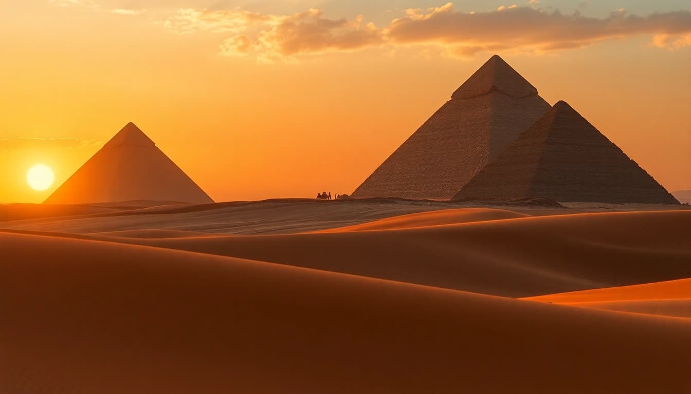 Discover piraminds at sunset with intricate details and dunes in the foreground.