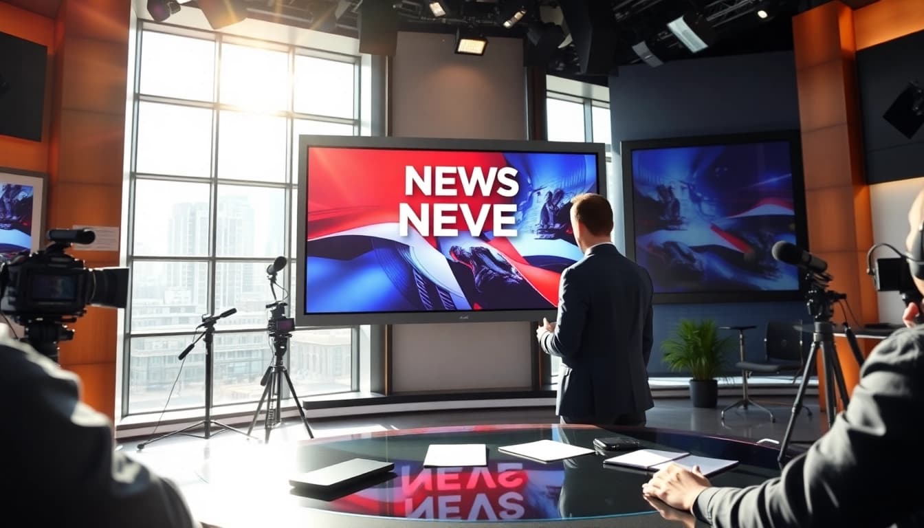 Journalist preparing news segment at regionalmedianews.com in a professional studio setting.