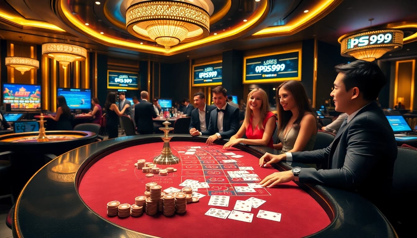 Players experiencing the thrill of high-stakes poker at PS99 casino, showcasing vibrant chips and cards.