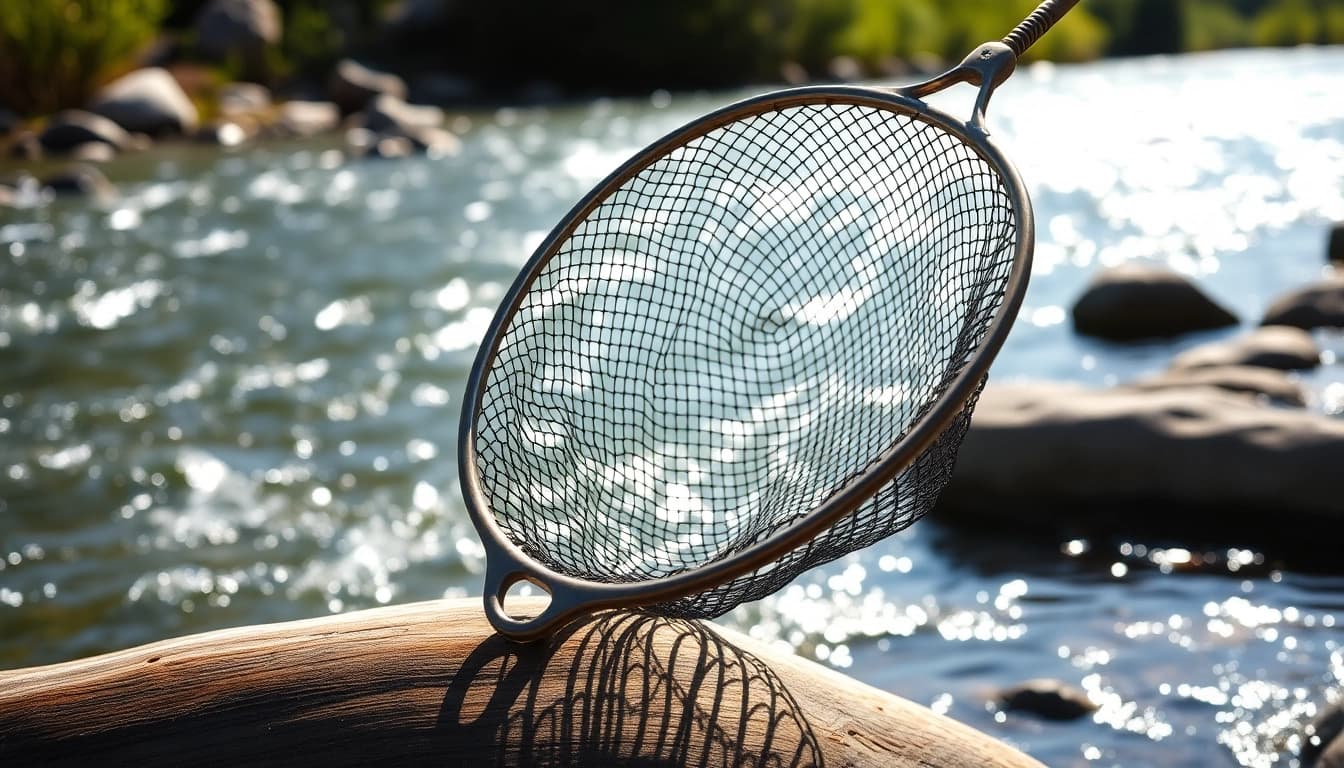 Catch a fish with a premium fly fishing net showcased in a natural riverside environment.