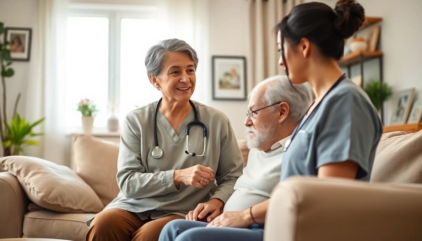 Compassionate in home care austin tx caregiver assisting an elderly client in a cozy setting.