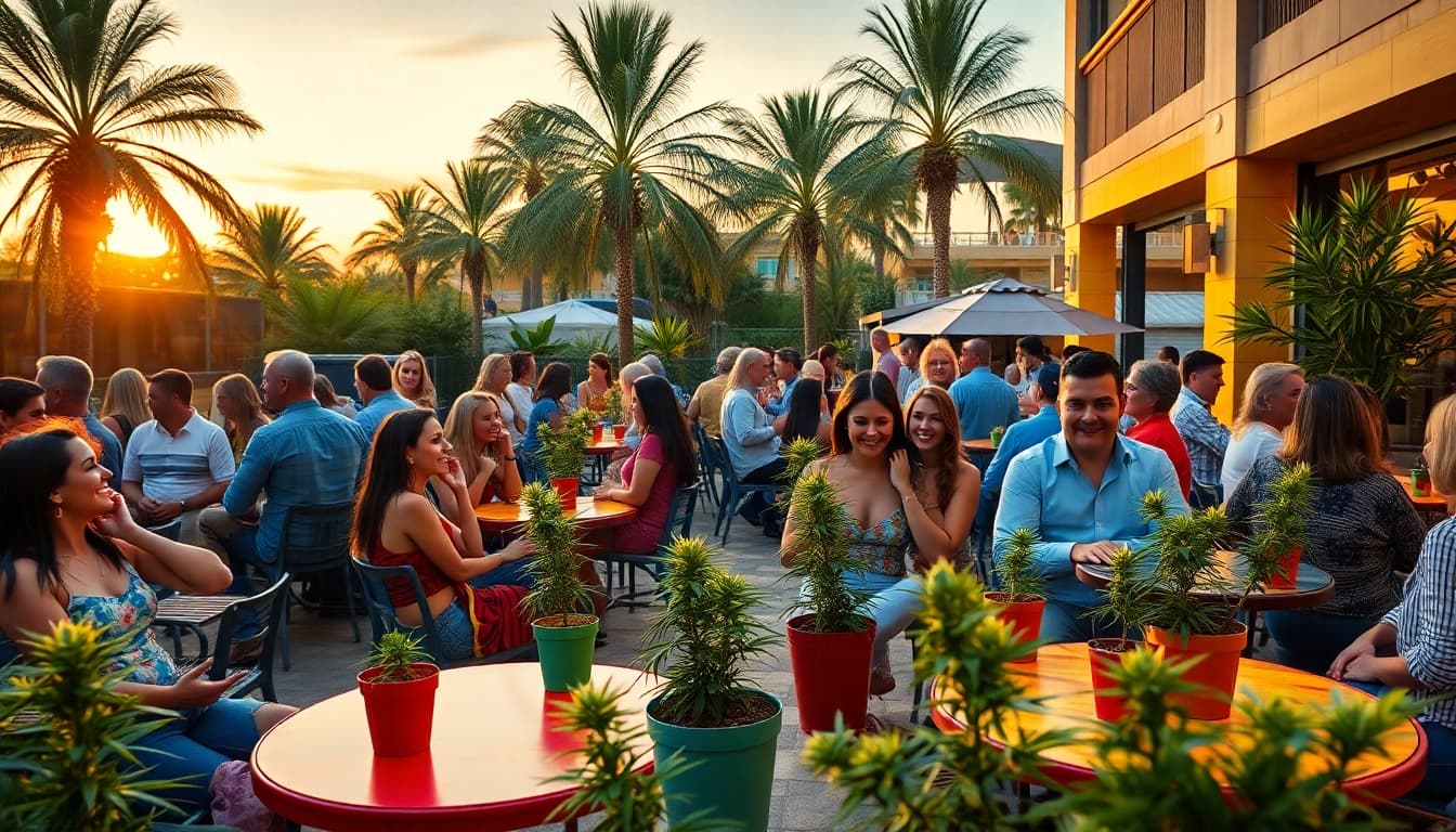 Enjoying the atmosphere at Cannabis Club Lloret De Mar with friends on a sunny terrace.