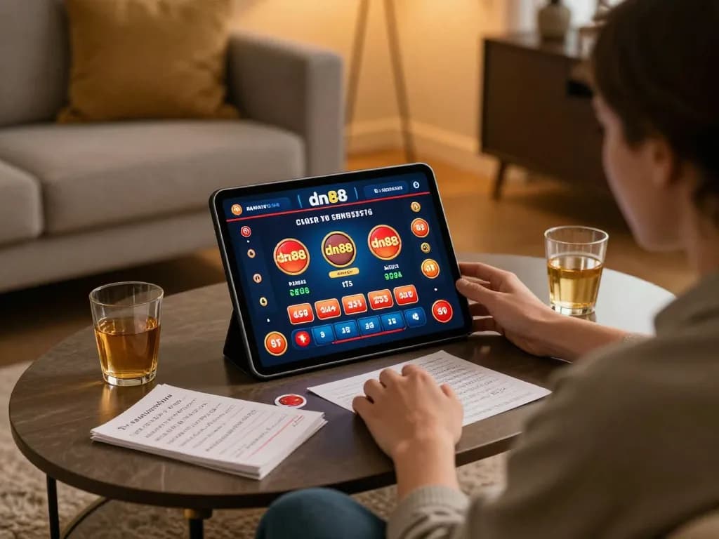 Engaging with dn88 online casino on a tablet in a cozy home setting