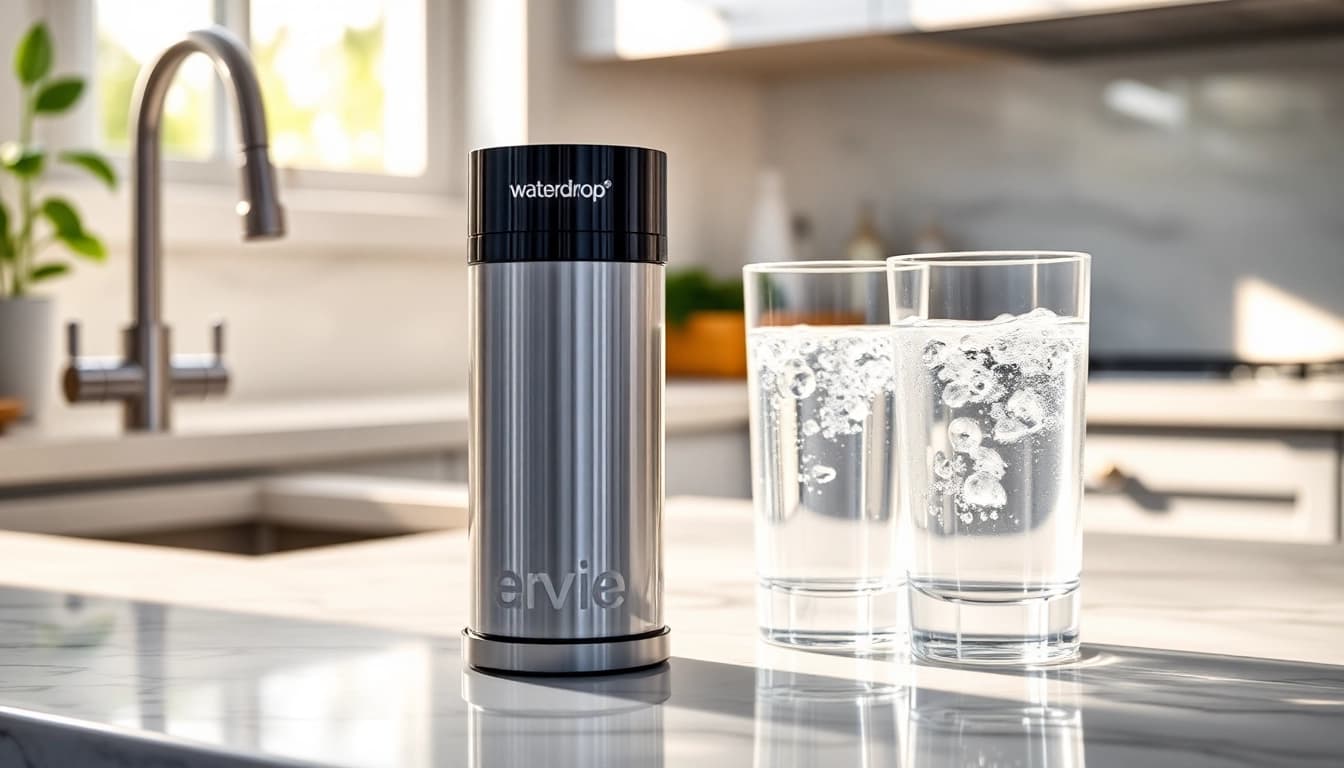 Waterdrop 4396841 Replacement for Everydrop® Filter 3 showcased on a kitchen counter with a glass of water.