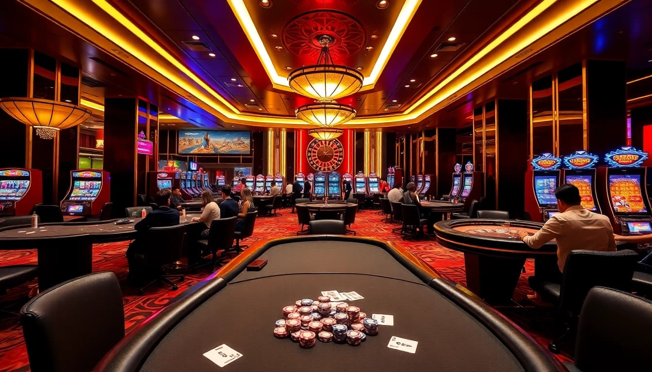 GG88 players enjoying thrilling games at a luxurious casino with vibrant decor.