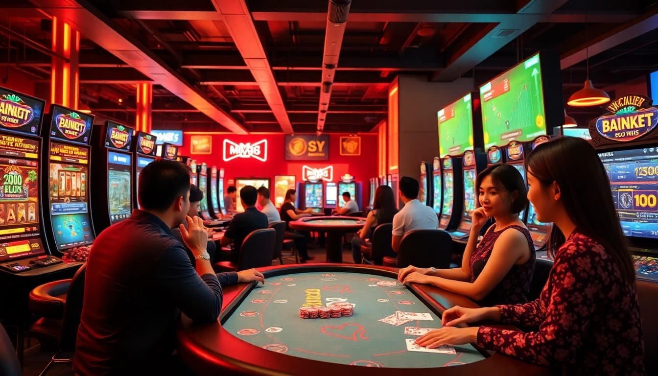 Experience the excitement of online gaming at https://mm88.agency/, featuring diverse players enjoying blackjack and slots.