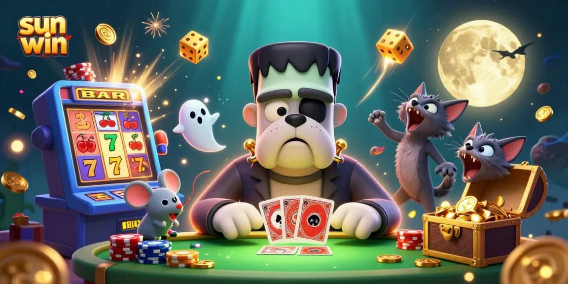 Experience sun win with a 3D cartoon scene of a Frankenstein bulldog dealing cards at a vibrant casino table.