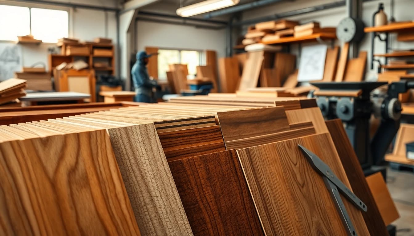 Showcasing the wood veneer hub with assorted textures and tools in a professional workshop setting.