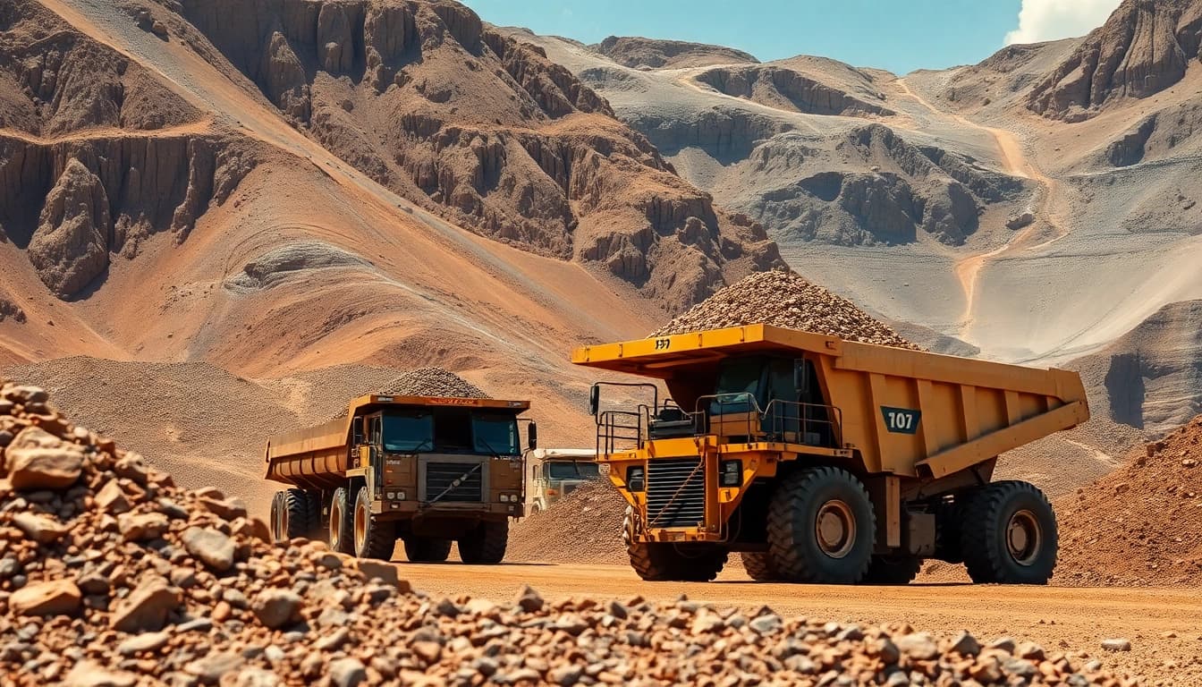 Extracting iron ore from a rugged landscape with heavy machinery, emphasizing industrial strength.