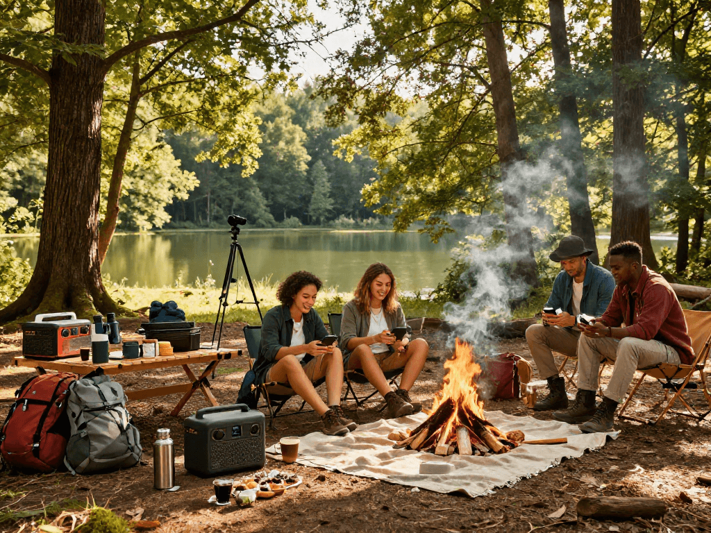 Group enjoying the outdoors with a portable power station manufacturer, charging devices during a camping trip amidst nature.