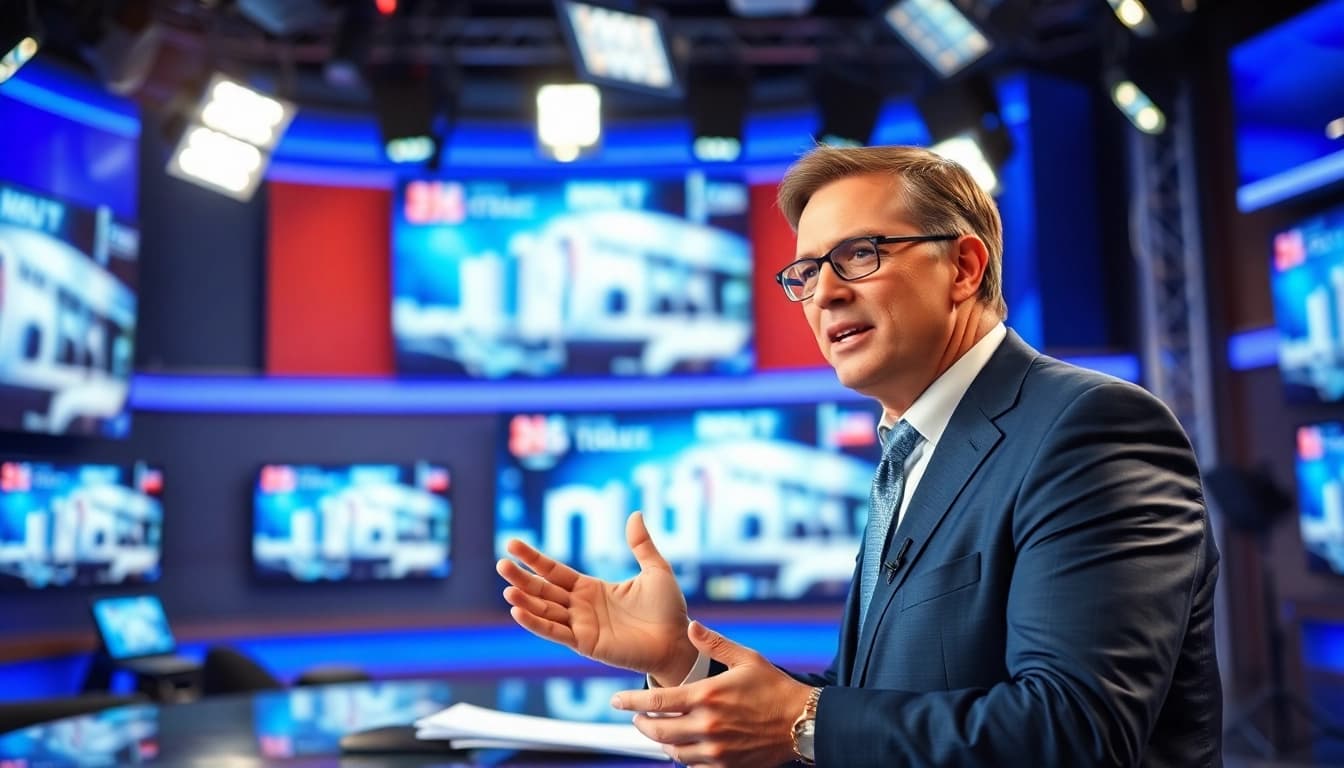 Watch MSNBC Live Stream with a professional news anchor delivering engaging commentary in a modern studio.
