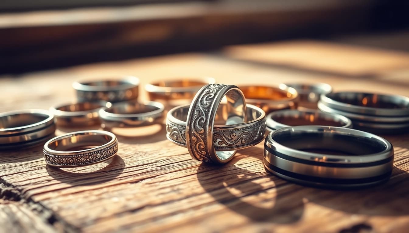 Captivating mens wedding rings displayed beautifully on a wooden surface highlighting unique designs.