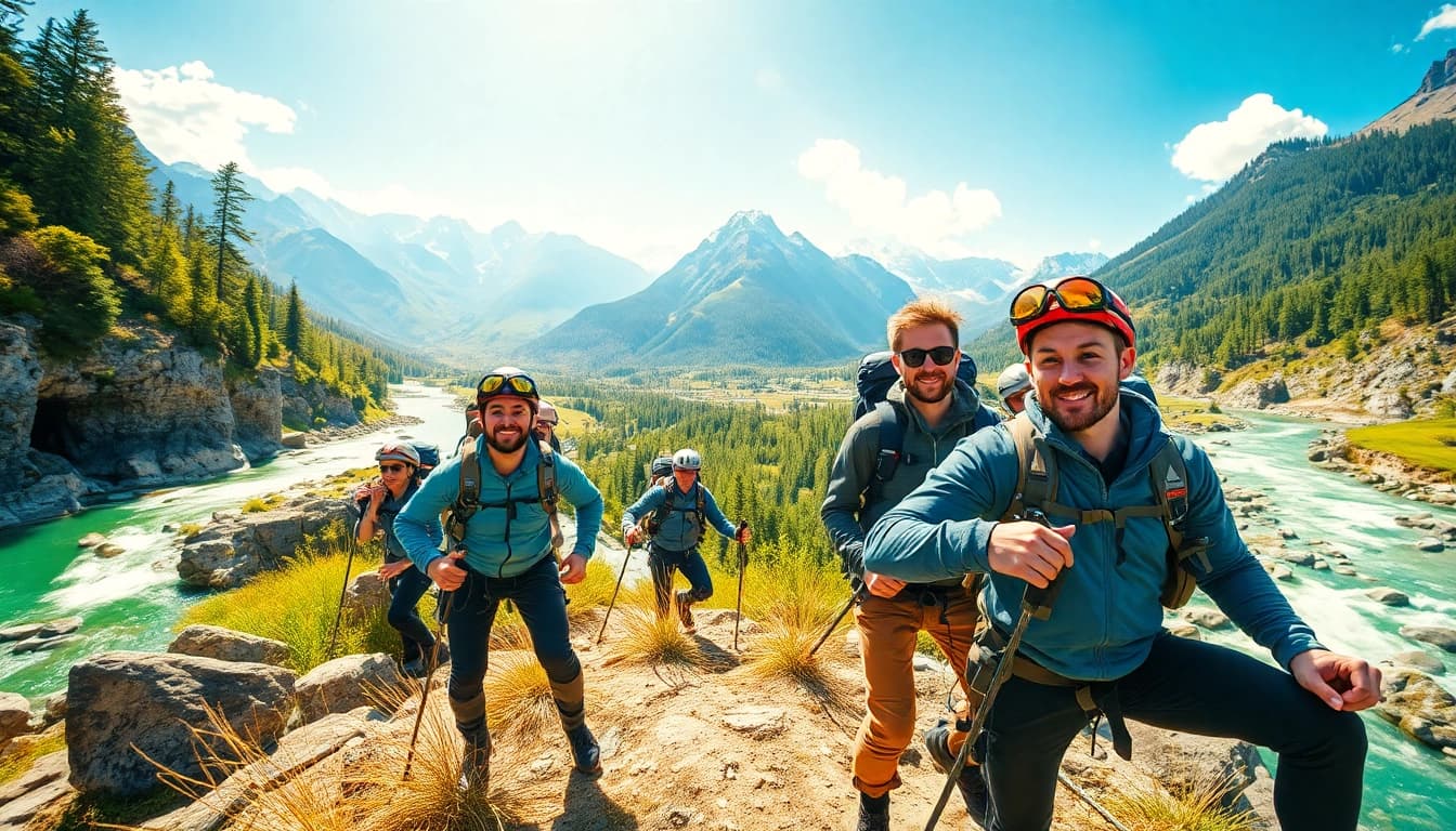 Engaging adventure scene featuring explorers at https://wpedition.com/ surrounded by majestic landscapes and dynamic activities.