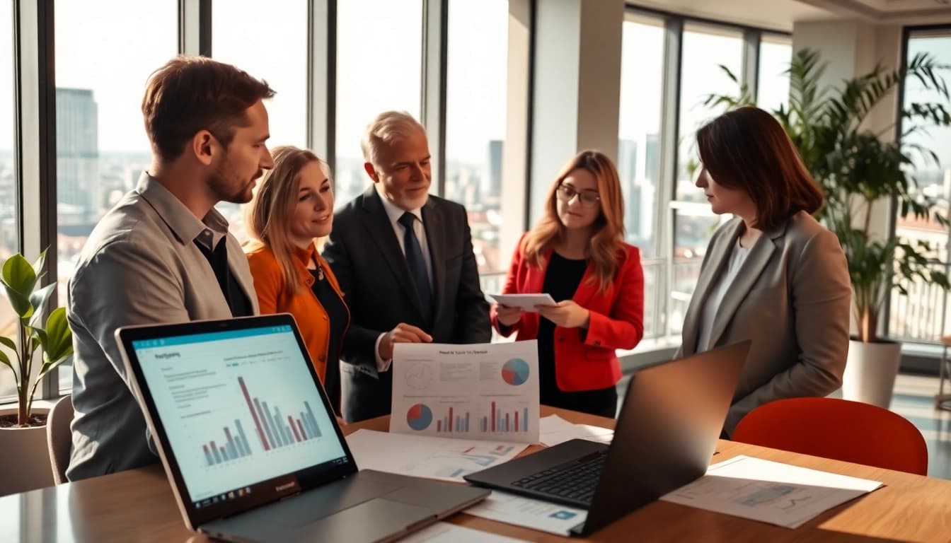 Bewerten Sie Immobilien auf https://frankfurt-immobilie-bewerten.de mit einem professionellen Team in einem modernen Büro.
