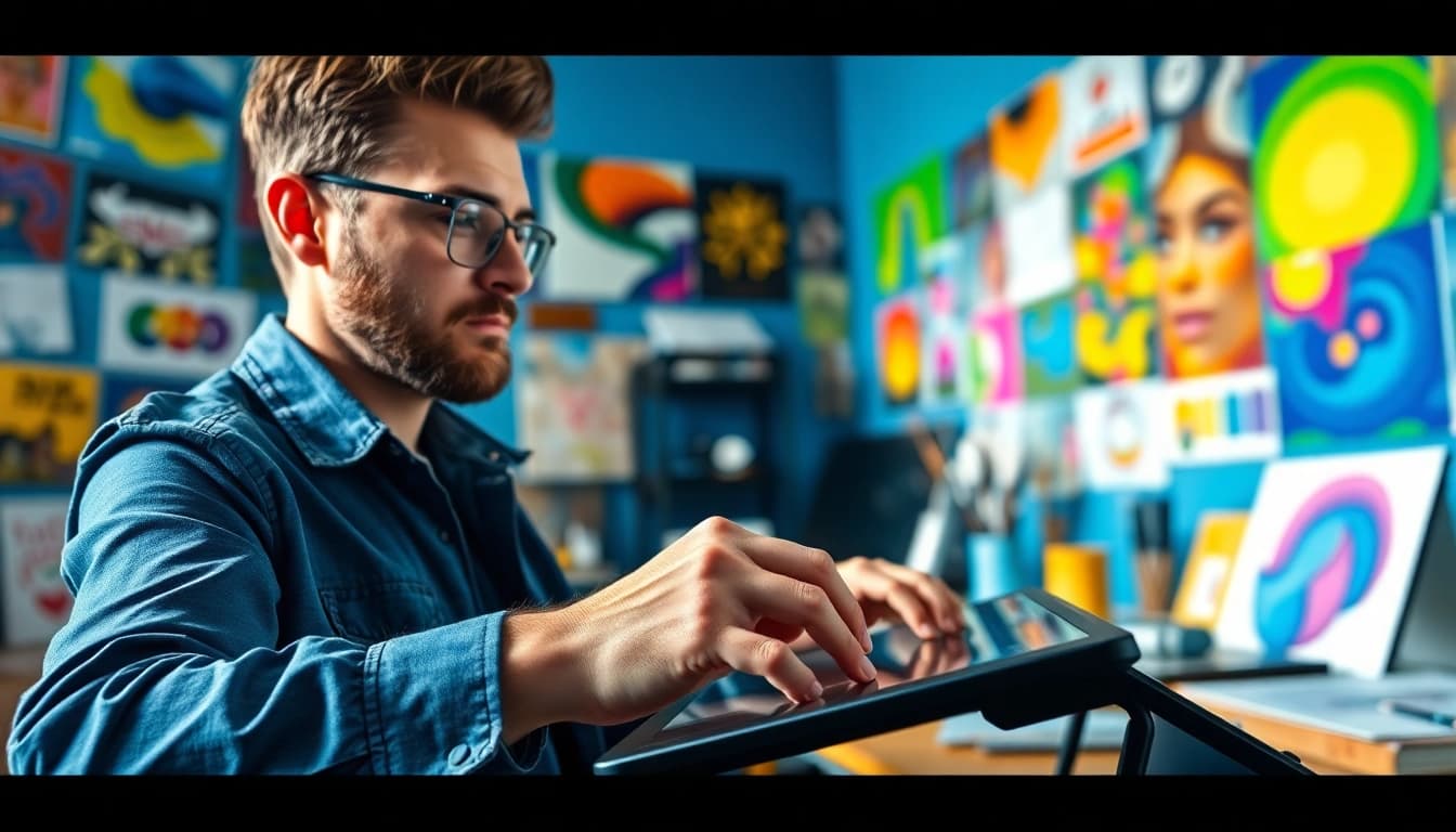 Artist creating vibrant digital art, showcasing vj88's creative process in a studio environment.