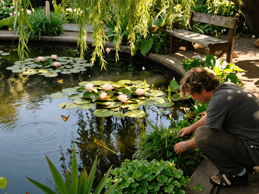 Beautiful British pond plants enhancing a tranquil garden pond environment during golden hour.