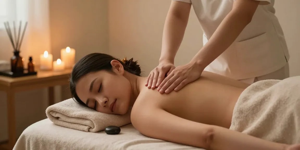 마사지 중인 전문 마사지사와 편안한 고객의 모습, 아늑한 스파 환경