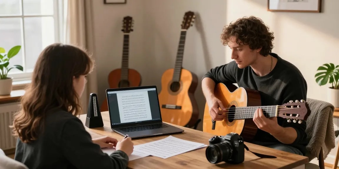 Remote Guitar Lessons with a certified instructor in a warm, inviting study setting.