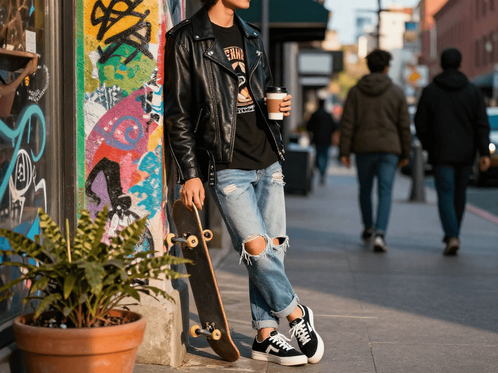 Stylish person in leather jackets enjoying urban lifestyle with coffee