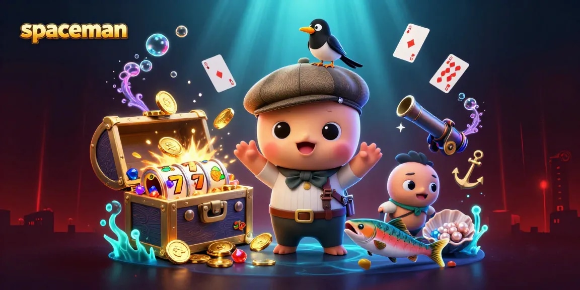 Engage in thrilling gameplay with spaceman in this vibrant casino scene filled with slot reels and treasures.