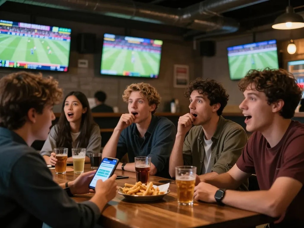 KQBD sports betting scene showing friends excitedly reviewing live odds at a lively bar