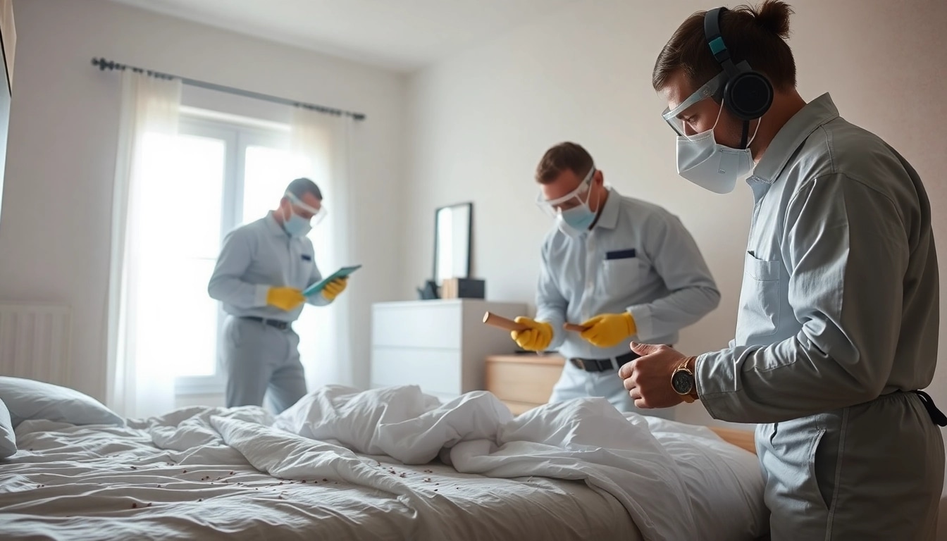 Bed bug exterminators professionally inspecting a bedroom for infestation