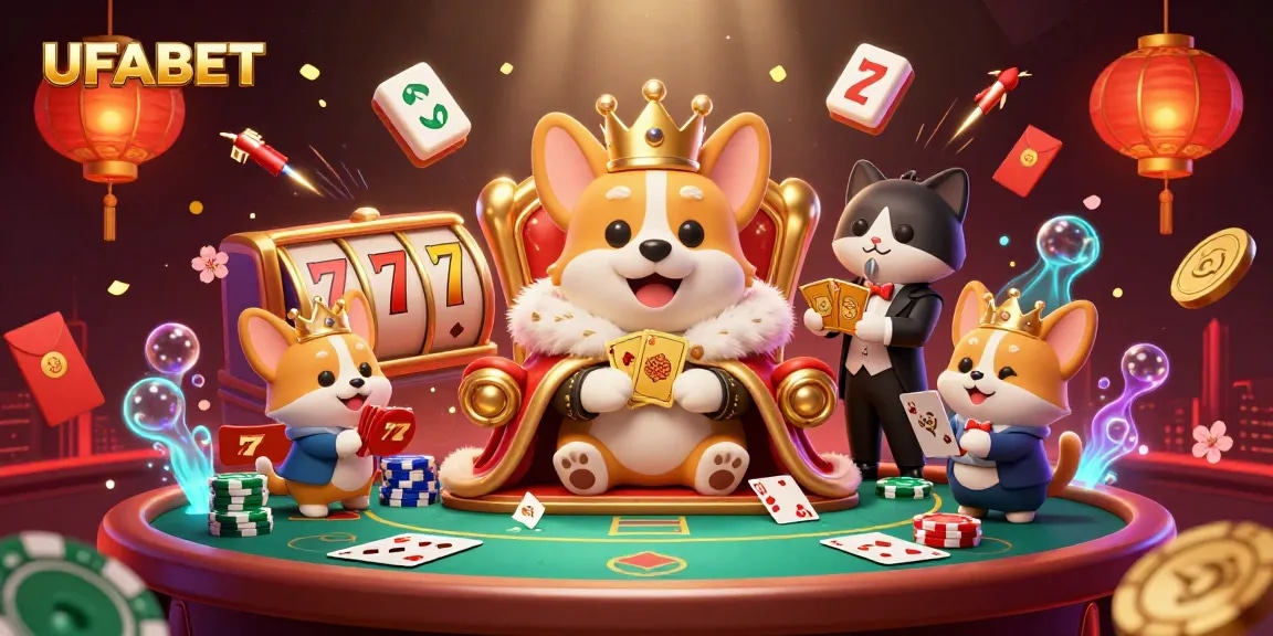 Experience ultimate thrills with UFABET in this vibrant casino scene featuring royal corgis!