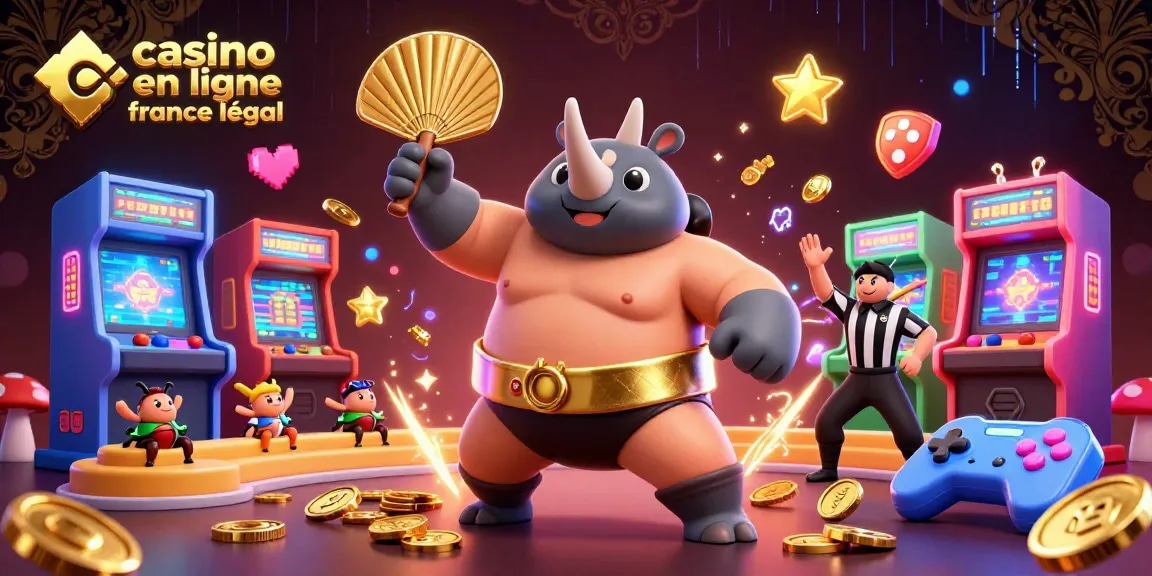 Vivez l'excitation d'un casino en ligne légal en France avec un rhinocéros sumo et des jeux colorés.