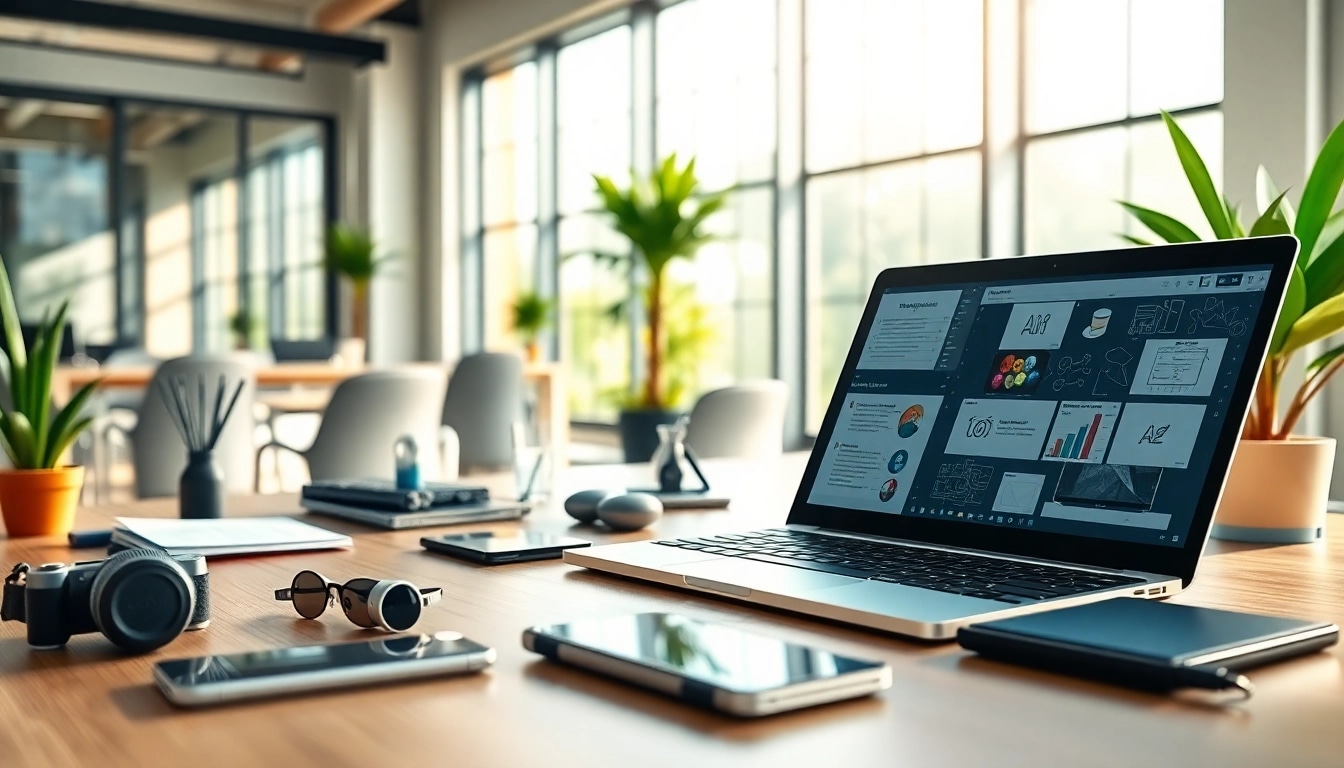 Explore innovative ai tools in a modern workspace setting with tech gadgets and natural light.