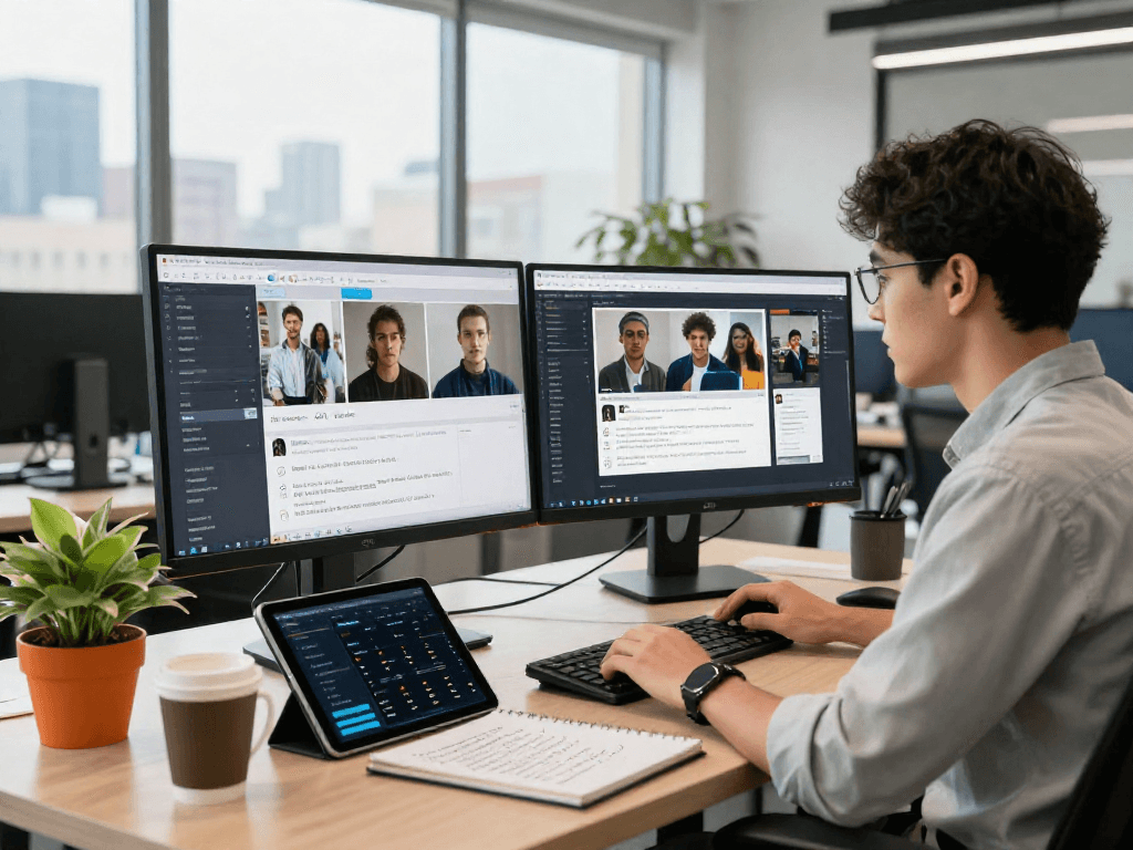 AI image detector software in a professional content moderation workspace, showcasing dynamic analysis and urban office setting.