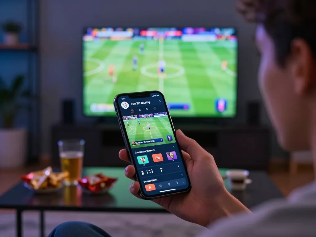 Experience betting on okwin with a dynamic sports app and engaged user in a lively living room