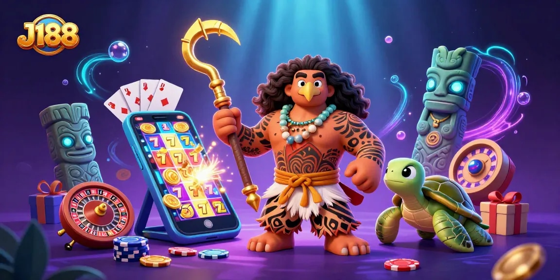 Experience thrilling gameplay at J188 with vibrant slot games, poker chips, and festive elements.