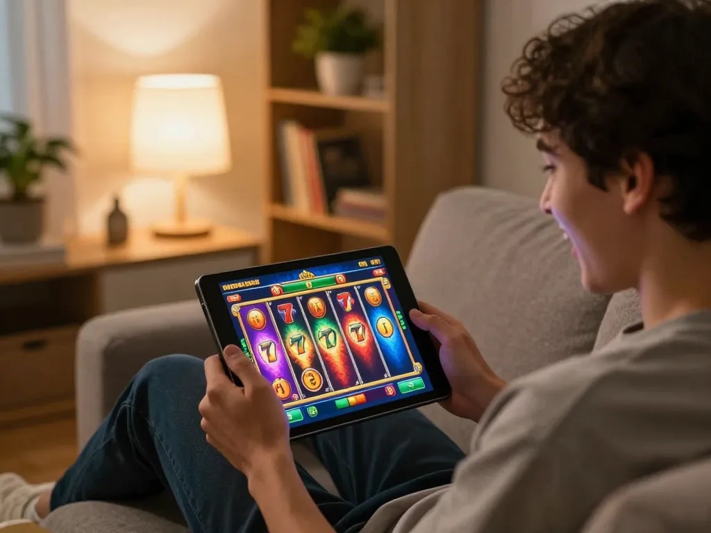 Player enjoying a thrilling slot 777 game on tablet in a cozy living room.
