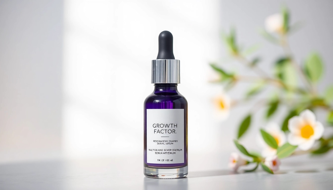 Promote a growth factor serum with elegant bottle and inviting natural setting.