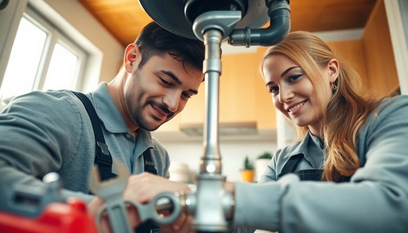 Plumbers bristol fixing a leaky pipe in a bright kitchen showcasing their teamwork.