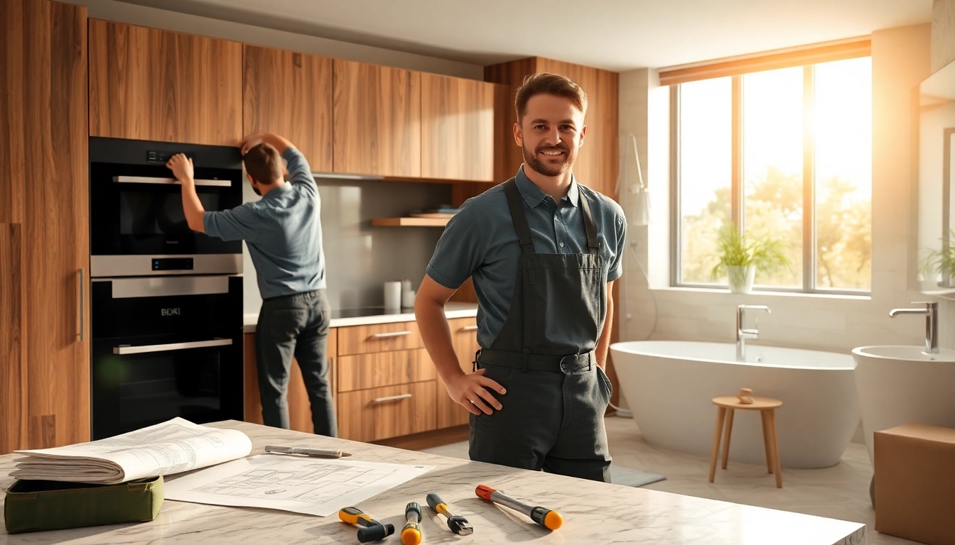 Skilled kitchen and bathroom fitters installing cabinets in a bright modern setting.