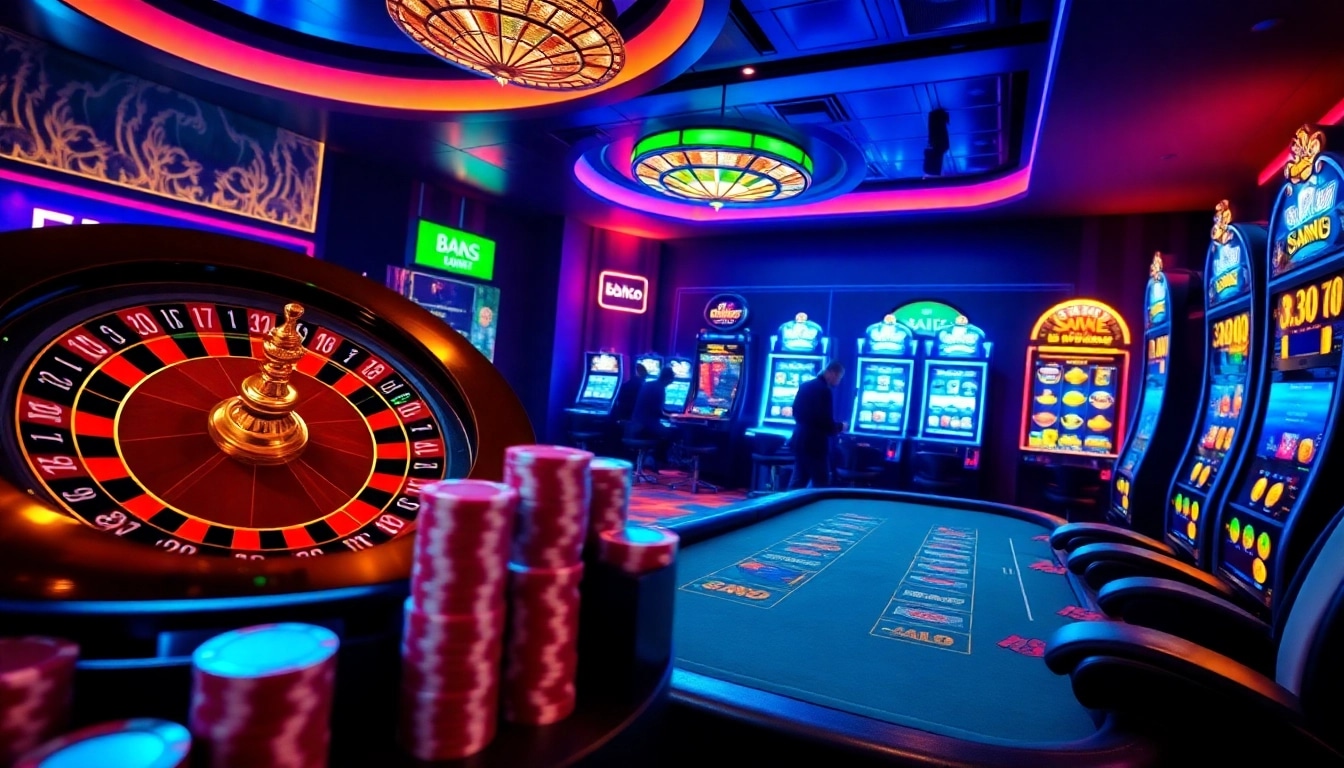 Immerse in the thrilling gaming ambiance of https://mm88.how/, showcasing vibrant casino elements and action.