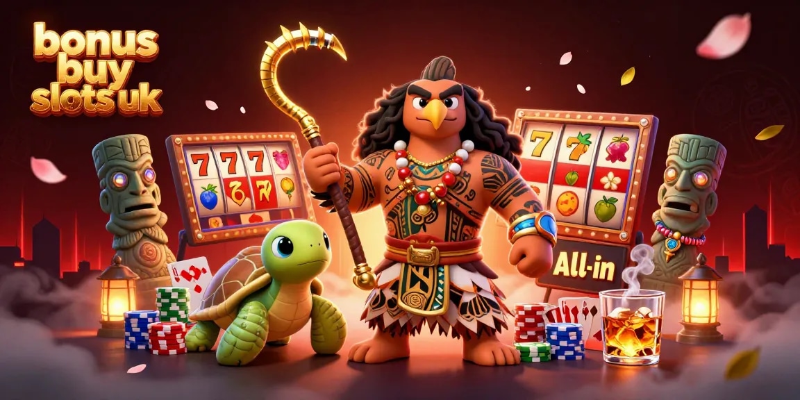 Engage with bonus buy slots uk in a vibrant 3D scene featuring characters and casino elements.