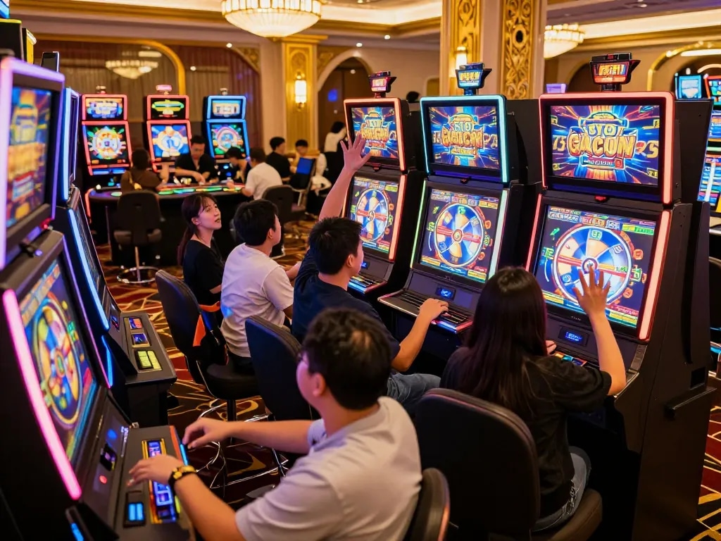 Experience the excitement of SLOT GACOR as players engage with colorful slot machines, celebrating wins in a vibrant casino atmosphere.