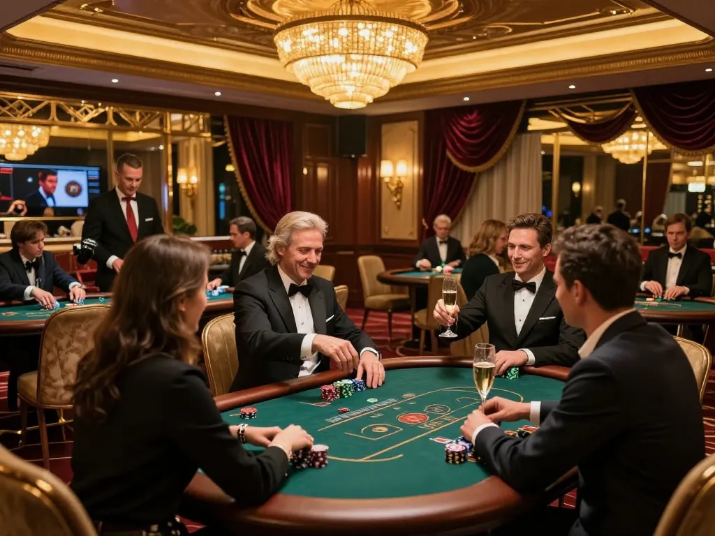 Champions at vipwin's VIP gaming tables celebrating high-stakes poker wins surrounded by luxury.