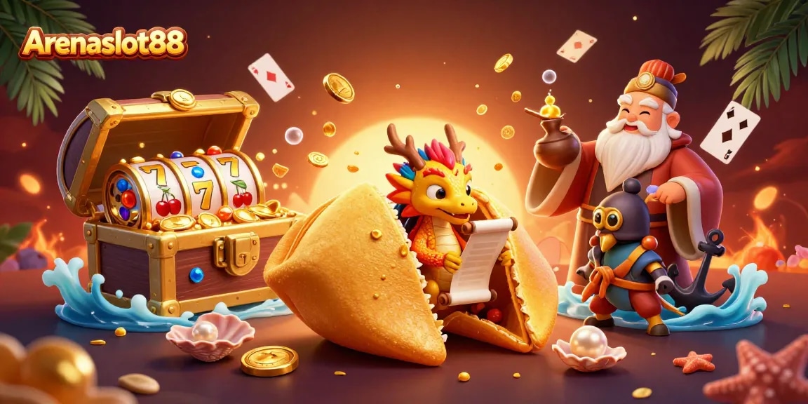 Arenaslot88 menghadirkan ilustrasi kasino imersif dengan kue keberuntungan dan naga bijak.