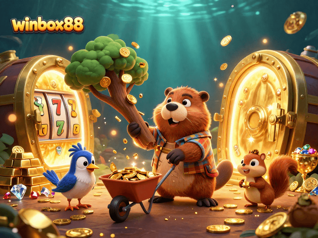Play and win at winbox88 with vibrant characters and rich casino elements amidst gold.