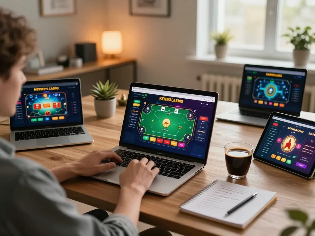 Engaging online gameplay at kkwin casino with a cozy home setup and vibrant poker interface